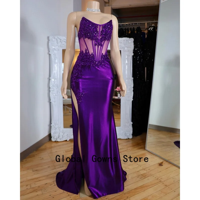 흑인 소녀들을 위한 보라색 긴 댄스 파티 드레스 쉬어 슬릿 비즈 아메리칸 아프리카 이브닝 가운 생일 파티 가운 맞춤형