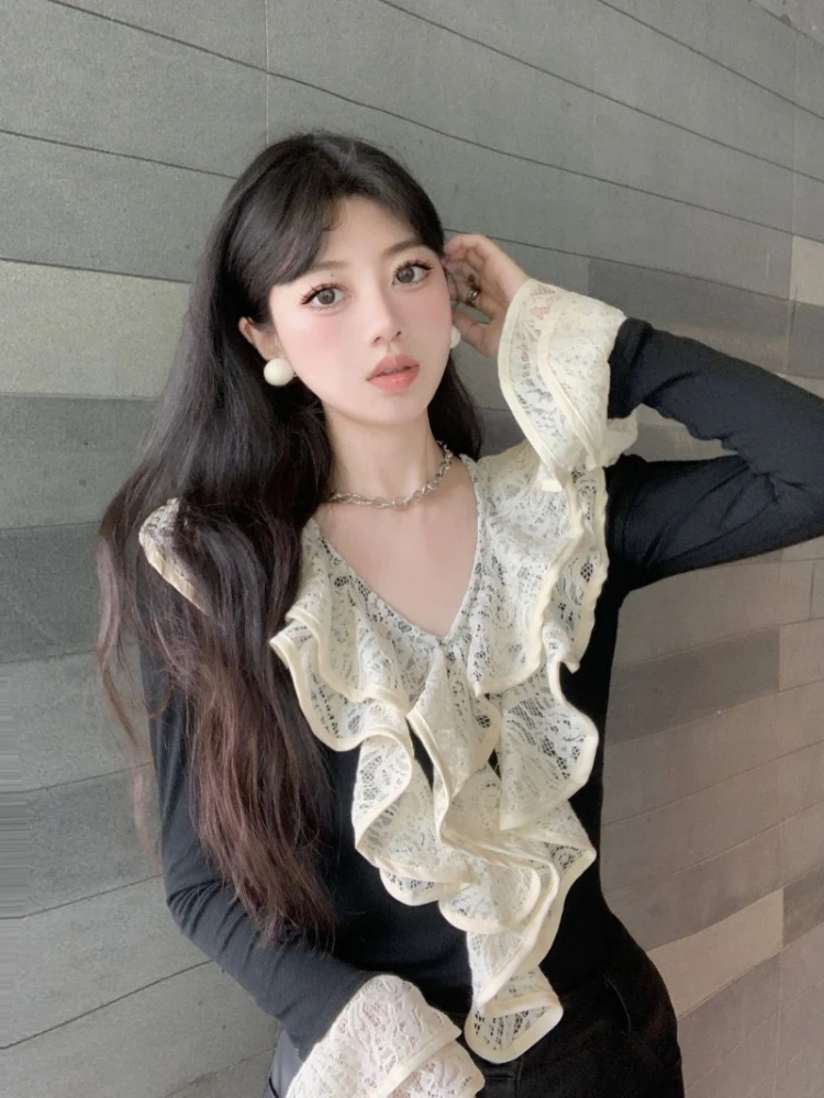 Korejpaa Fashion Flare Sleeve T Shirt Women French Style Ruffled V Neck Pullover Clothes Female 2024 Spring Solid Elegant Top