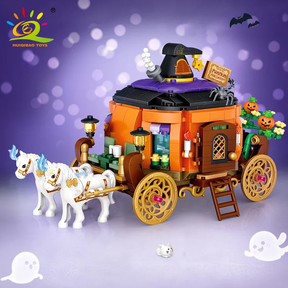 Huiqibao Halloween Mini Kürbis Haus Mikro Modell Bausteine Stadt Kind DIY Kürbis Wagen Set Ziegel Spielzeug Kinder Geschenk