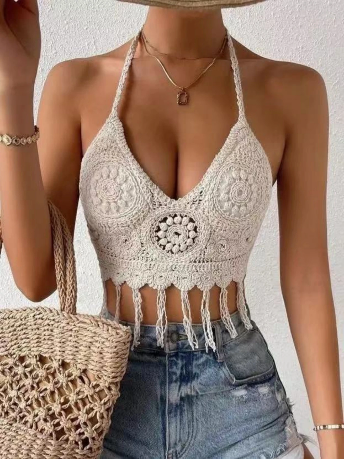

Summer women's beach hollowed out swimsuit Bohemian style embroidered hollowed out with coaster straps hanging neck bra