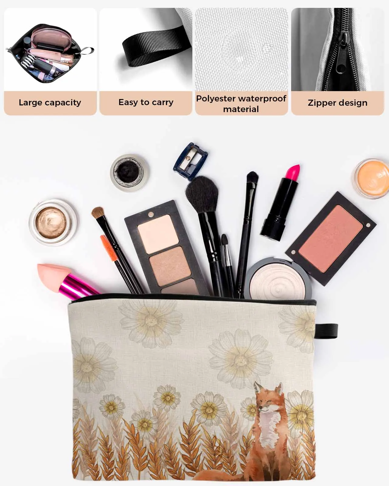 Wheat Ear Daisy Fox Women Portable Storage Bag Pouch Napkin Cosmetic Bags Organizer Ladies Makeup Bag