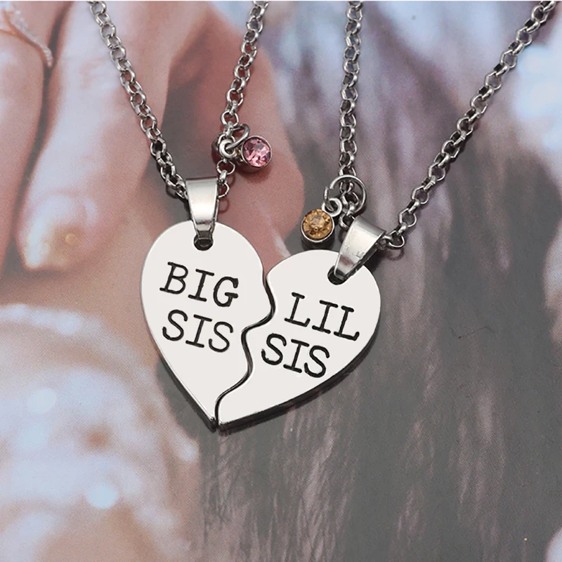 

2 Pcs/Set Big Little Sister Necklace For Women Girl Zircon Heart Crystal Pendant Necklaces Best Friends Forever Bff Jewelry Gift