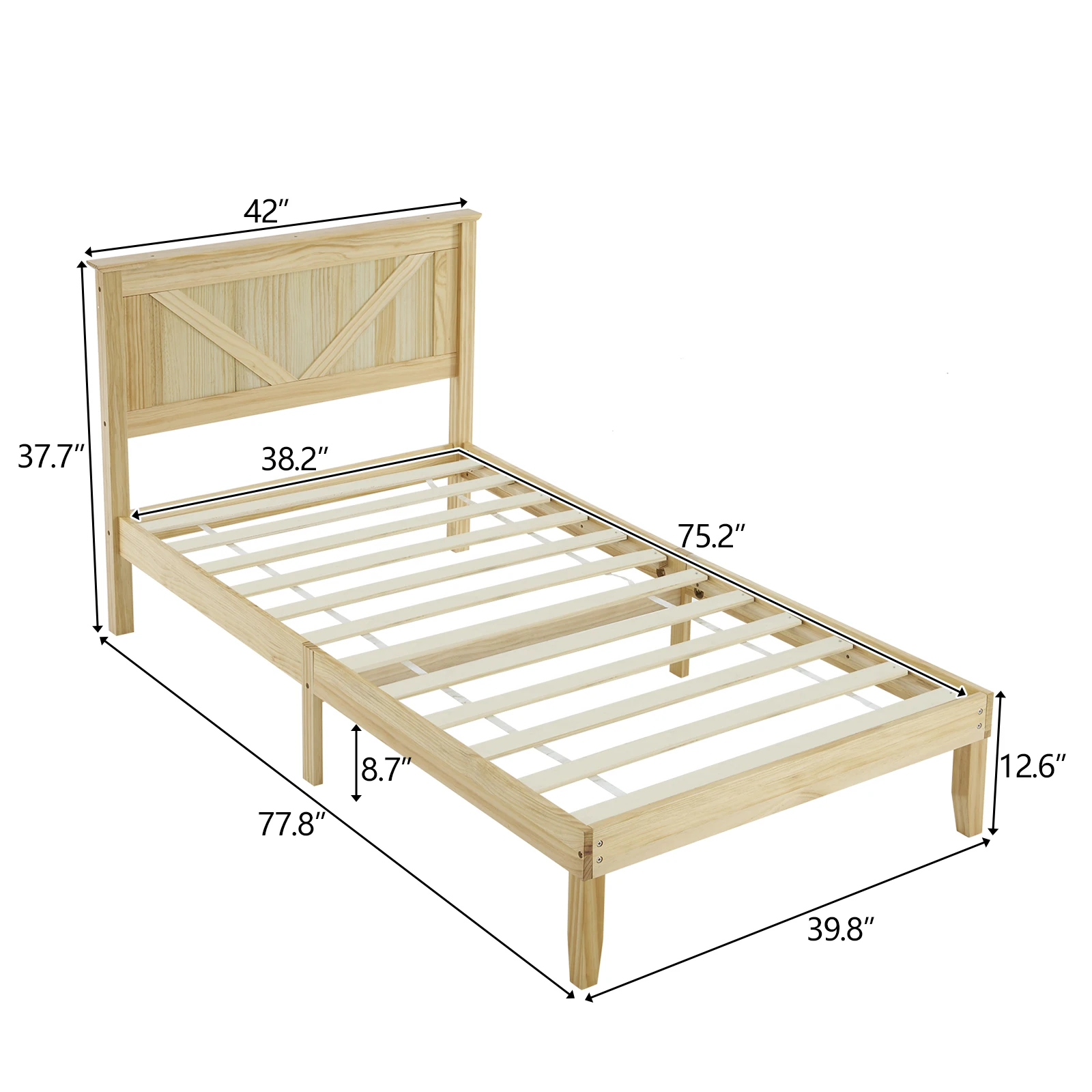 Marco de cama con plataforma de madera maciza de tamaño doble y cabecero natural