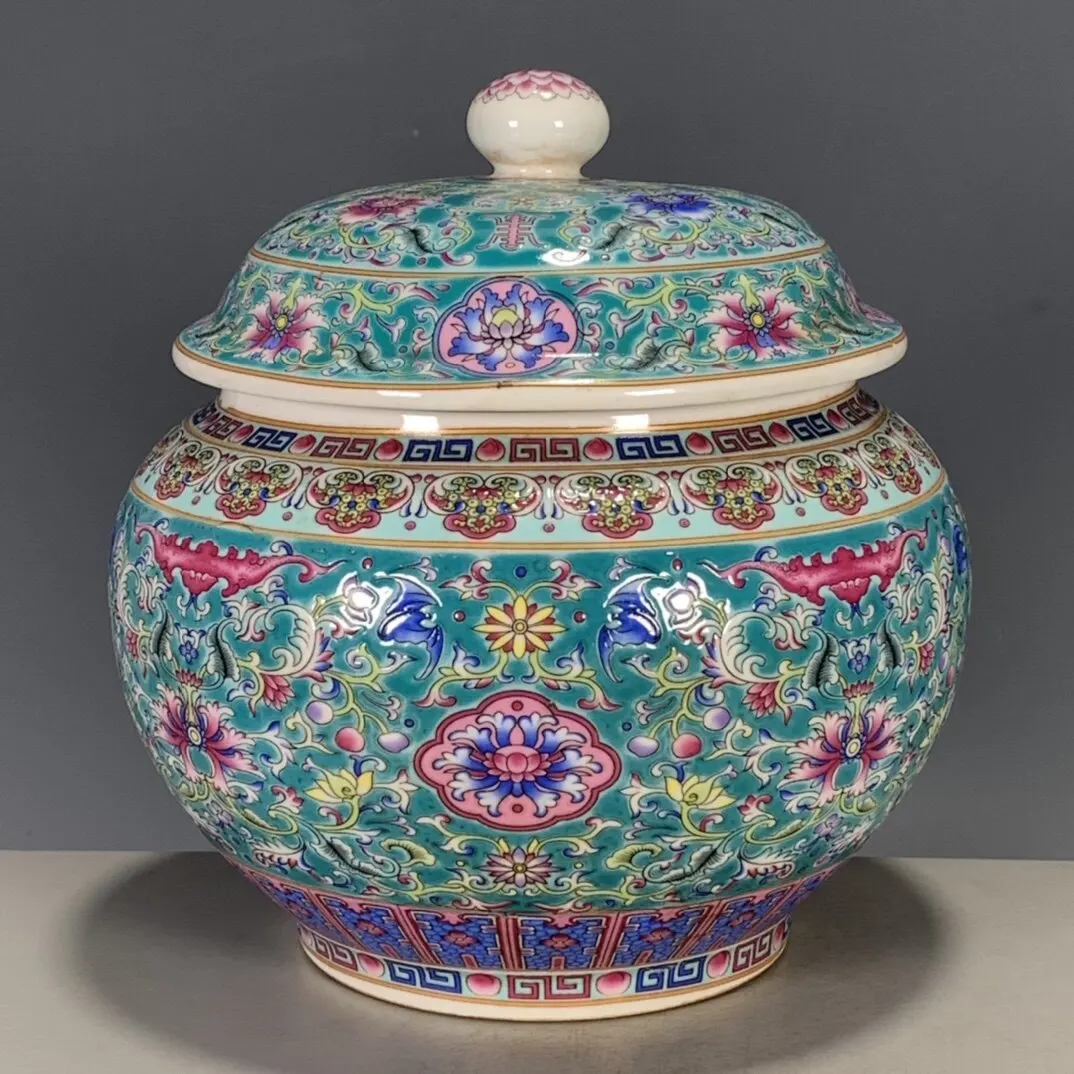 Antique Porcelain Qing Qianlong Enamel Color Entwined Flower Antique Lid Jar FOLK ART Collection Modern Exquisite Handicraft