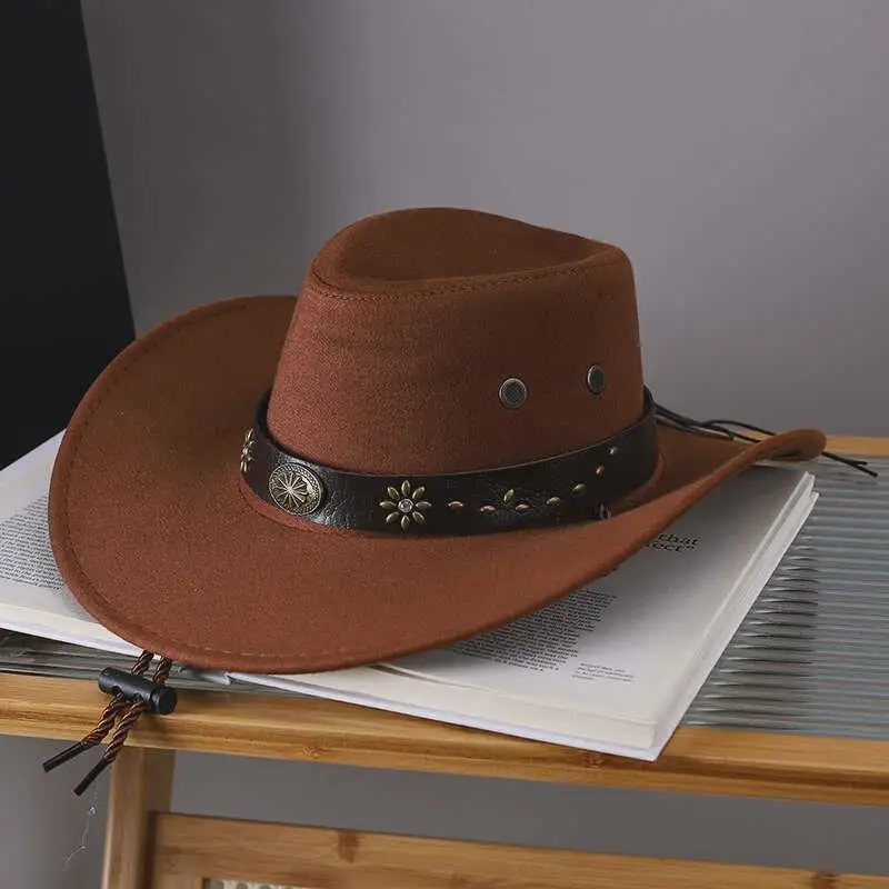 جديد الجلد المدبوغ الاصطناعي قبعات رعاة البقر الغربية خمر كبيرة الحافة شهم راعية البقر الجاز قبعة عطلة قبعة الحفلات