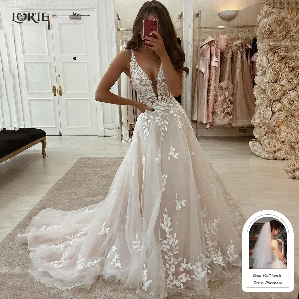 LORIE Boho koronkowe eleganckie suknie ślubne z niskim dekoltem w szpic, aplikacja suknia ślubna księżniczka Spaghetti z paskiem suknia ślubna imprezowa na zamówienie