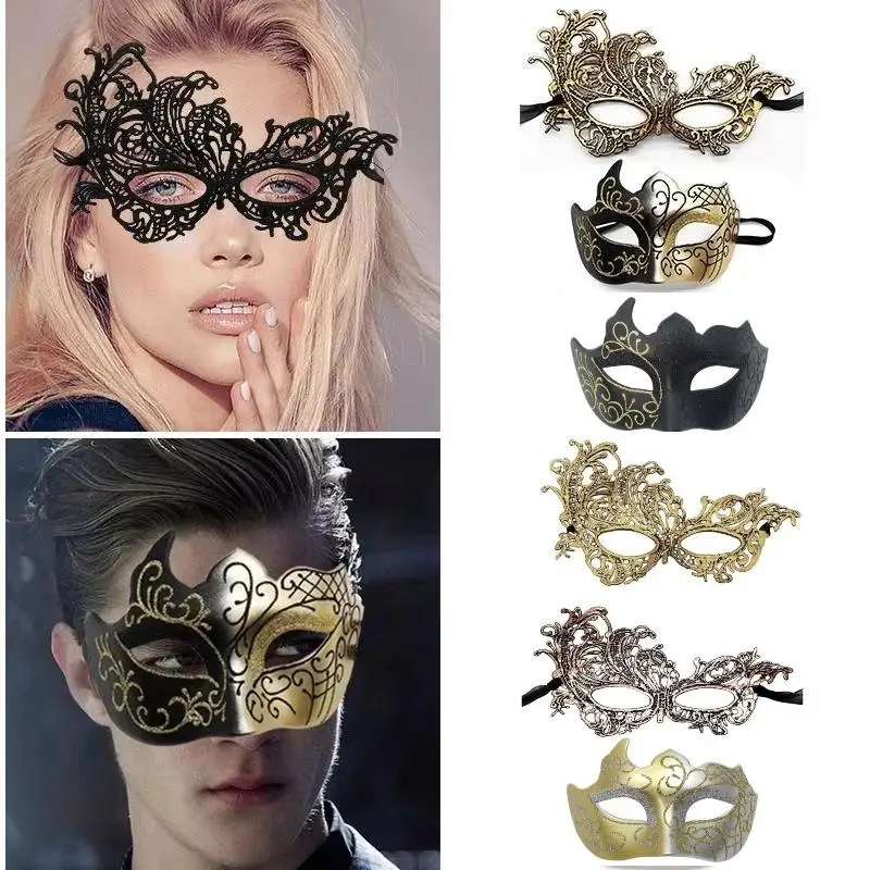 New Elegant Masquerade Mask 2Pcs Set Black Lace Venetian Style Couple Masks for Carnival Holiday Costume Parties