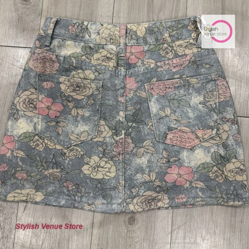 Korean spice girl design sense high waist printed denim skirt female summer new fashion temperament casual Joker A-word skirt
