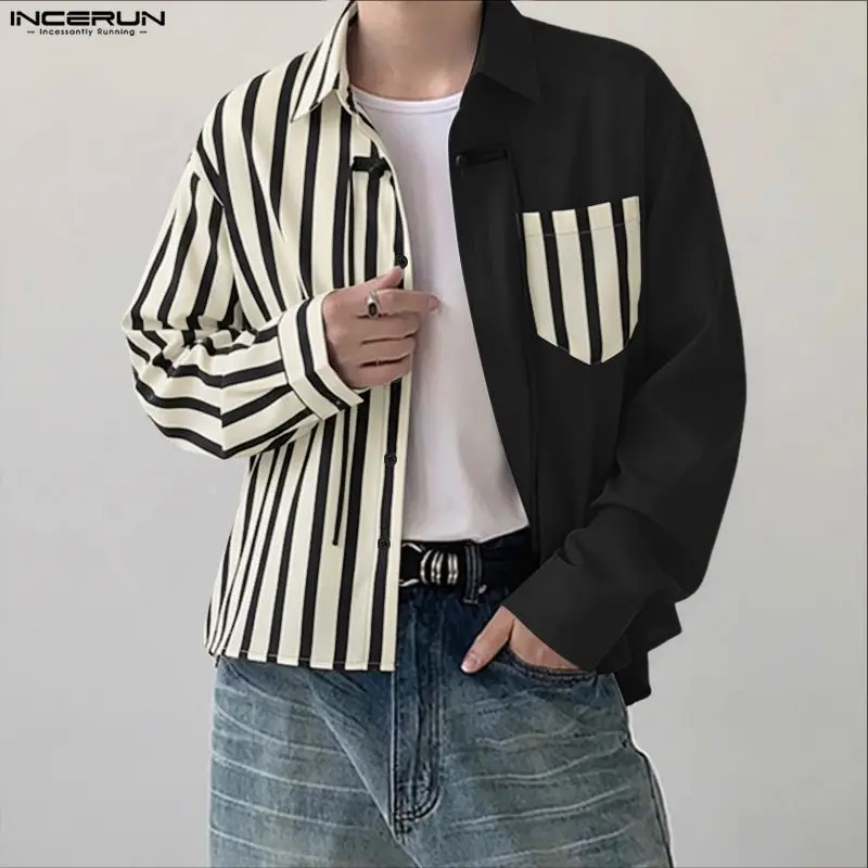 INCERUN เสื้อเชิ้ตผู้ชายลายทางต่อผ้าปกเสื้อแขนยาวติดกระดุมเสื้อผู้ชายสตรีทแวร์ทรงหลวมแฟชั่นสไตล์เกาหลีเสื้อผ้าลำลองผู้ชาย