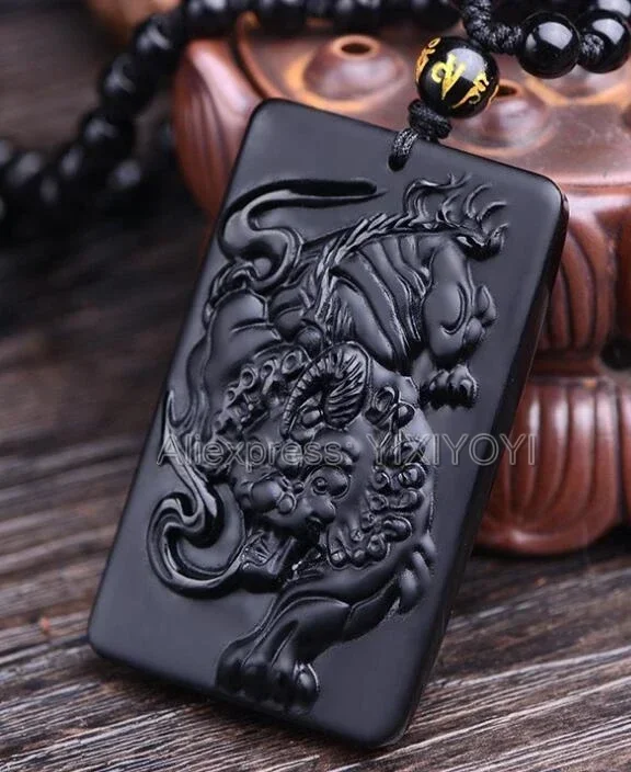 Drop Shipping Beautiful Handwork Natural Black Obsidian Carved Chinese PiXiu Tiger Lucky Pendant + Beads Necklace Jewelry