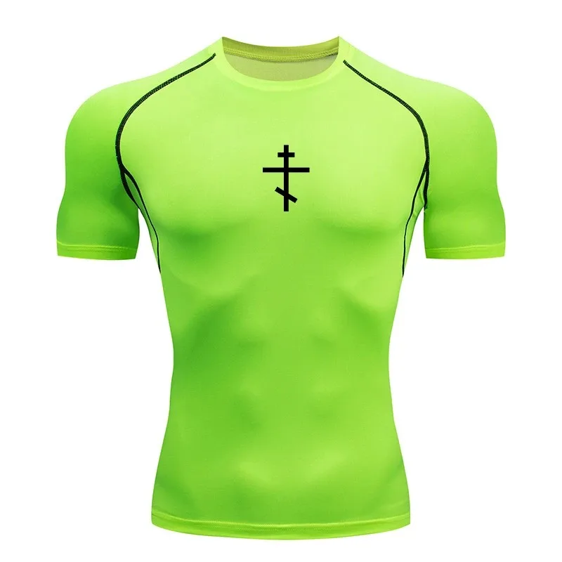 Cross Print Compression Shirt for Men Christian Athletic Tshirt Tees Tops Gym Workout Fitness Running Baselayers Undershirts