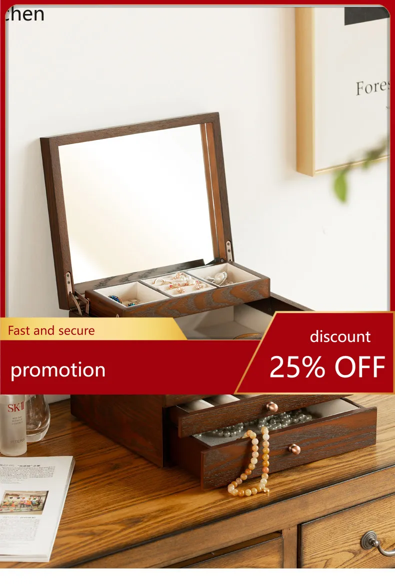 

HT solid wood large capacity jewelry storage box high-end exquisite drawer-type necklace earrings jewelry box