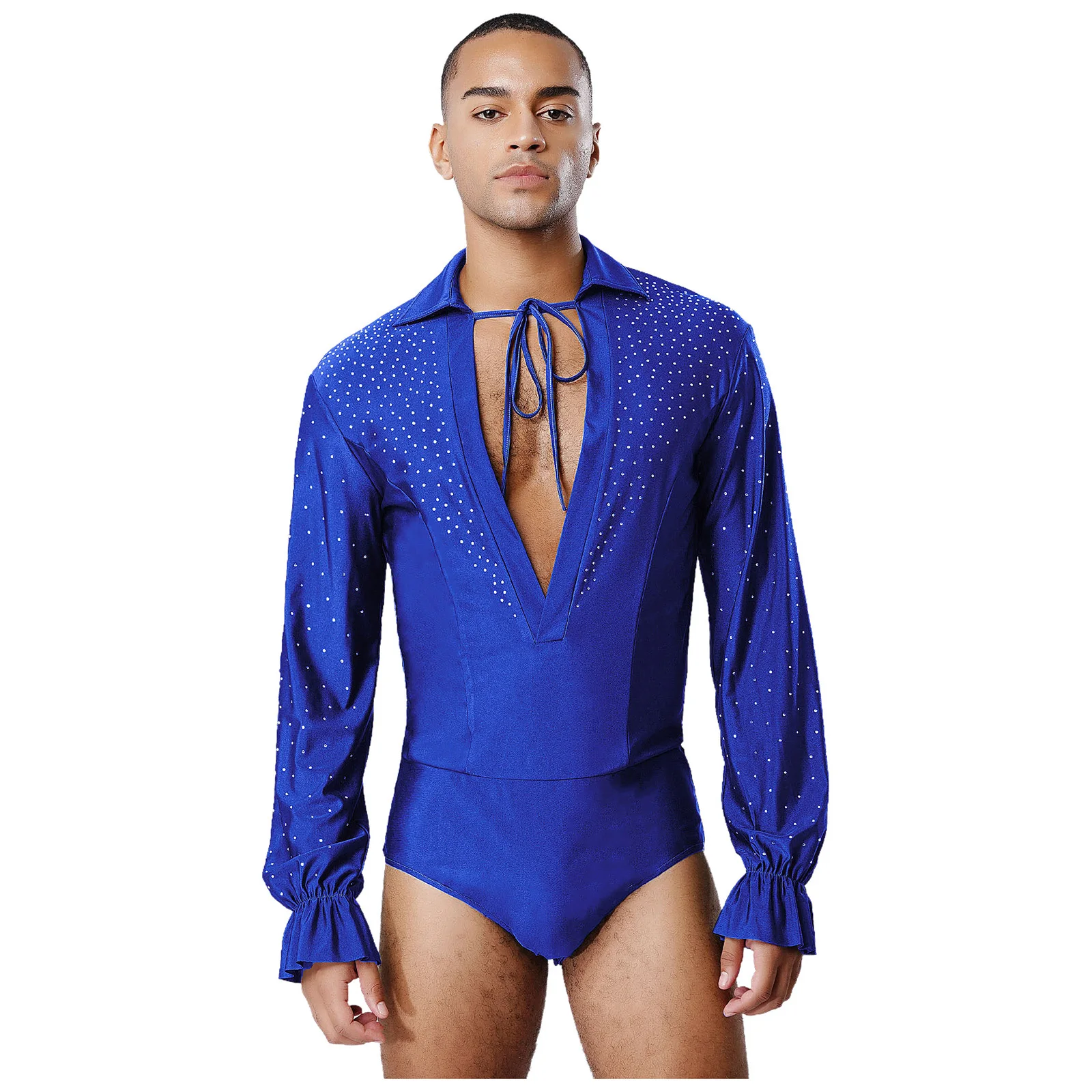 

Mens Latin Jazz Dance Leotard Glitter Rhinestones Deep V Neck Long Sleeve Open Crotch Bodysuit Dancewear for Ballet Prince Stage