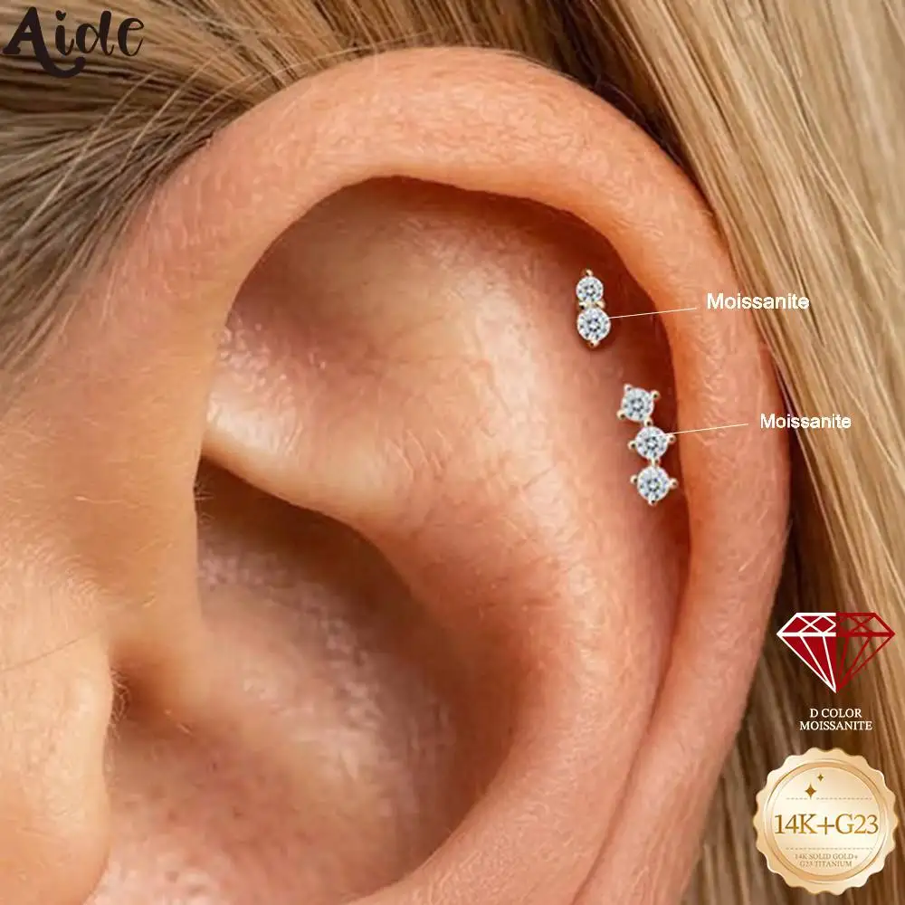Aide 14K Gold Shiny Moissanite Stud Earrings For Wmen Dainty Minimalist Vintage Styles Birthday Party Gift For Her Jewelry