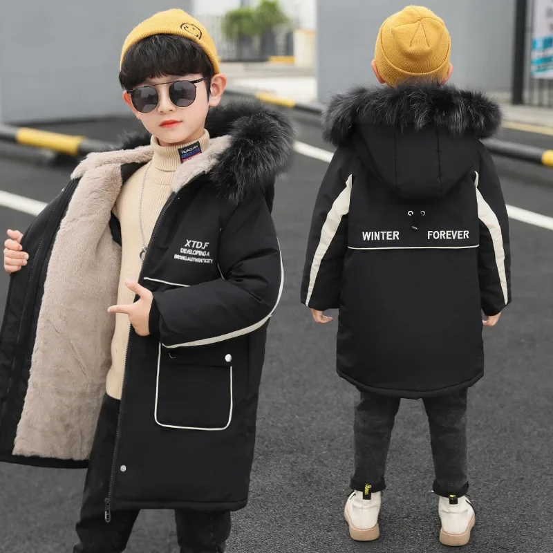 -30℃ 2024 Winter Boys Jacket Plush Thick Cold Prevention Solid Color Hooded Down Cotton Windbreaker Coat For 4-14 Years Old Kids