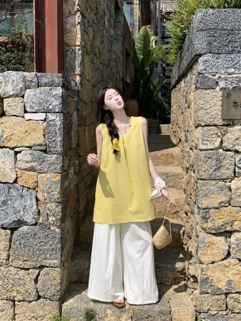 

Korean Style New Arrival Women Yellow Sleeveless Tank Top Shirt 2026 Summer Relaxed Fit Loose Wide Leg Pants Two Piece Set