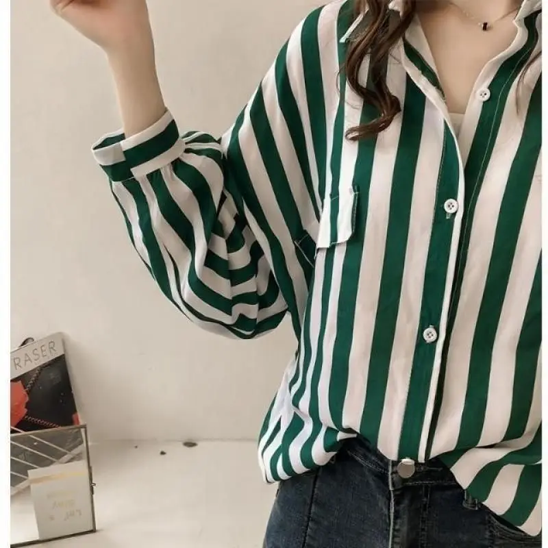 Spring Autumn Women's Clothing New 2024 Hong Kong Style Loose Fit Plus Size BF Striped Shirt Long Sleeved Chic Top Thin Jacket