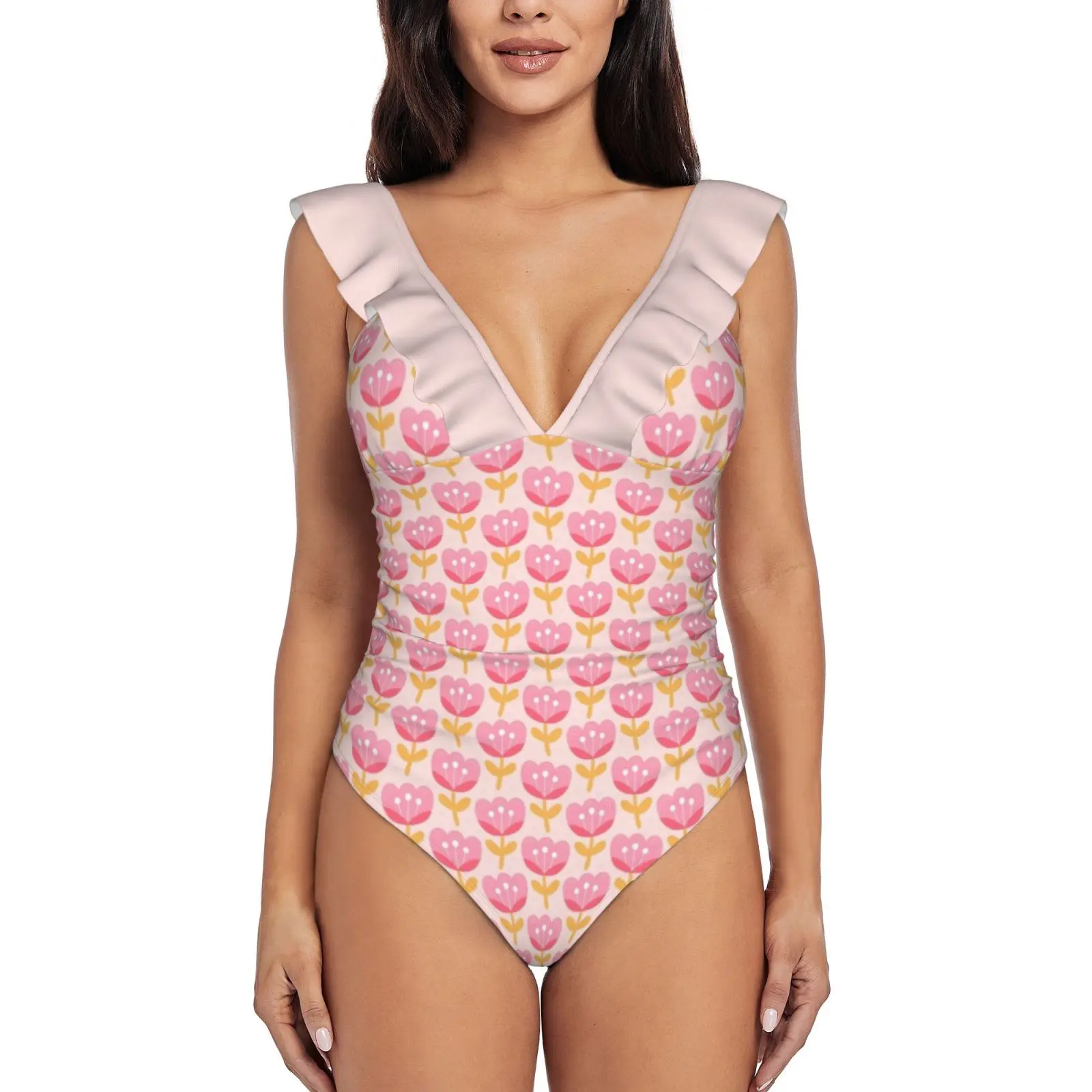 

Pink Spring Flowers Ruffle One Piece Swimsuit Women Swimwear Push Up Monokini Sexy Print Bathing Suit Pink Flower Flowers