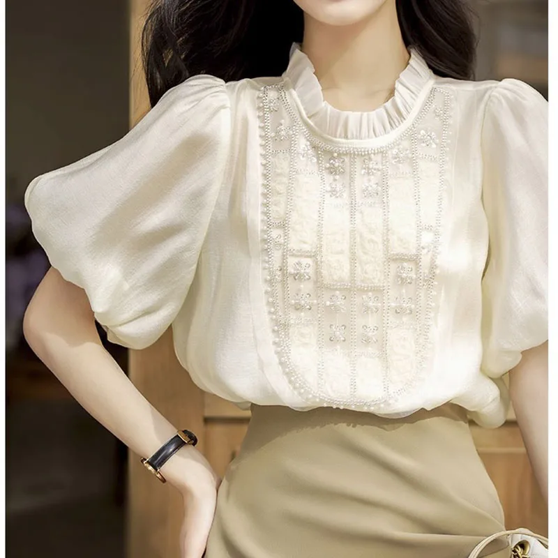 

Elegant Patchwork Crochet Women Shirt Ladies Blouse Lantern Sleeve O-neck Collar Women Tops Blusas