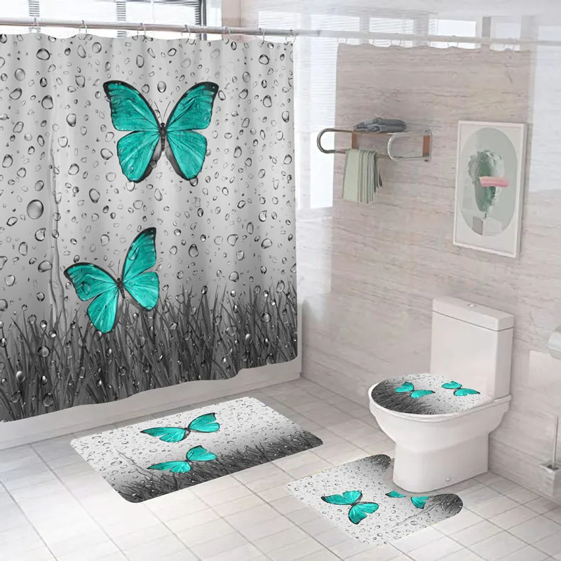 Butterfly Bath Curtain 3D Print Flowers Modern Bath Mat Set Waterproof Carpet High Quality Toilet Rugs Shower Curtain With Hooks