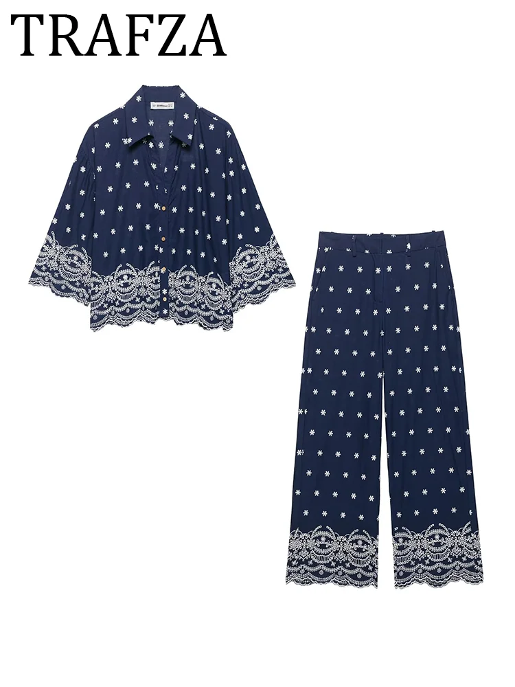 

TRAFZA Summer Women's Pants Suit 2025 New Embroidered Lapel Shirt+High-Waist Culottes 2 Pieces Set Female Elegant Outfits