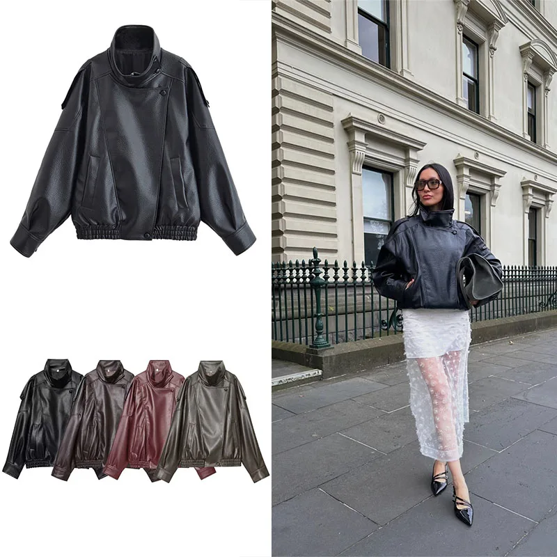 Guobioziy Women's Flight Leather Jacket 2026 Edition Solid Color Zipper Motorcycle Style European Fashion Street Leather Jacket