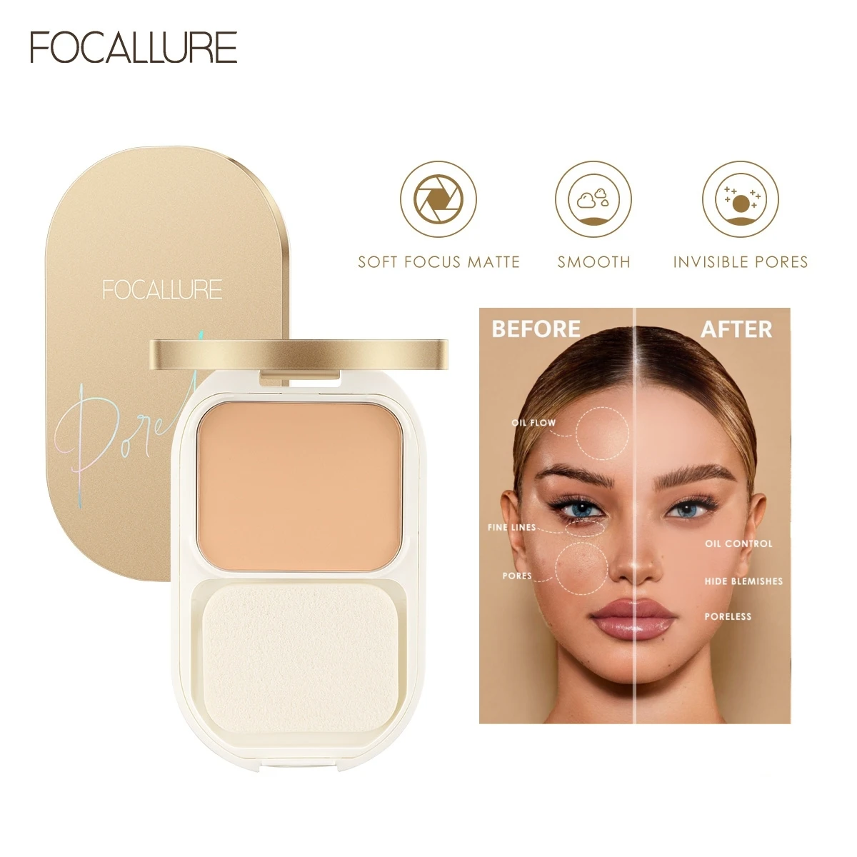 Безупречная компактная пудра FOCALLURE, 3 цвета, мягкая гладкая текстура, пудра для лица без сердечек, идеальная матовая пудра для макияжа