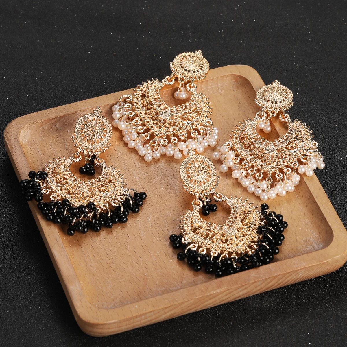 Boho Vintage Peach Heart Beads Tassel Dangle Earrings for Women Gold Color Hollow Carved Wedding Earrings Ethnic Indian Jewelry