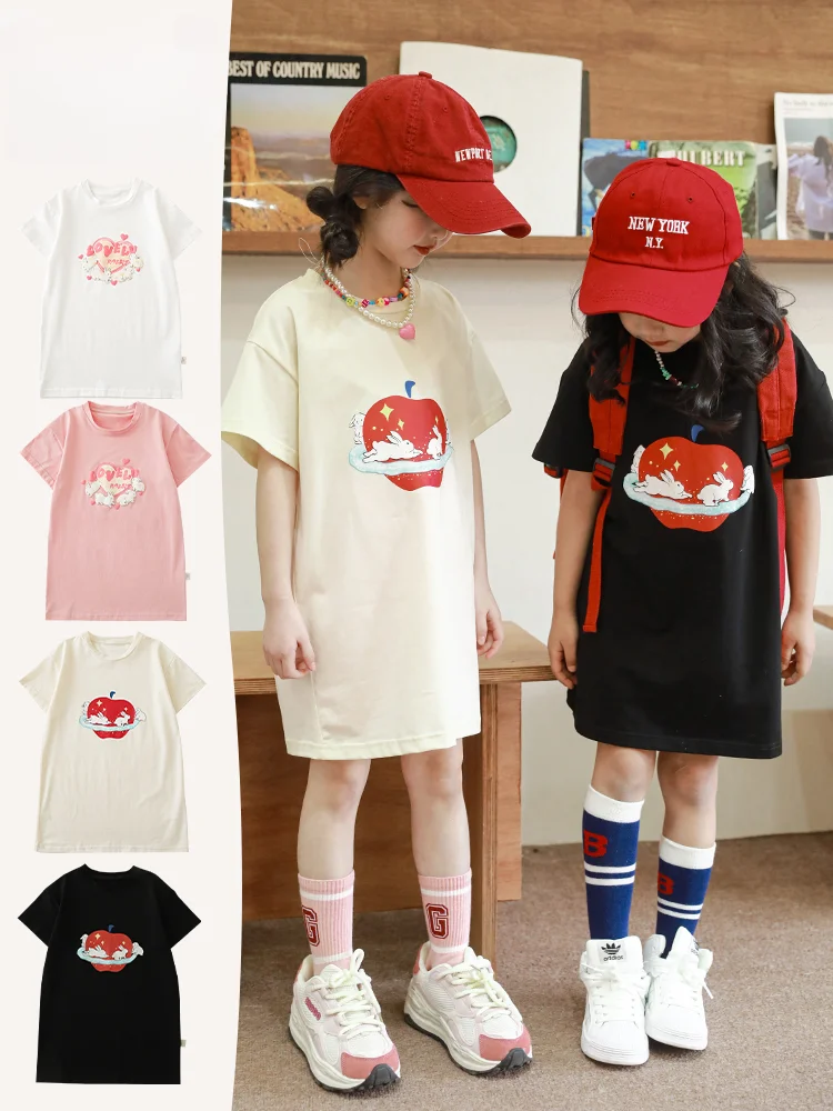 

2023 Girls' Summer Lightweight Round Neck Short Sleeve Cartoon Print Animal Long T-shirt Children's Casual Top Cotton Tees 7-12y