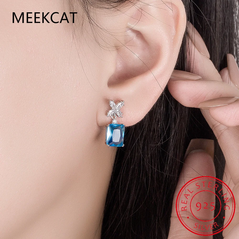 Total 2.5ct Emerald Cut Natural Sky Blue Topaz 925 Sterling Silver Flower Dangle Drop Earring for Women Ice Cut Gemstone Jewelry