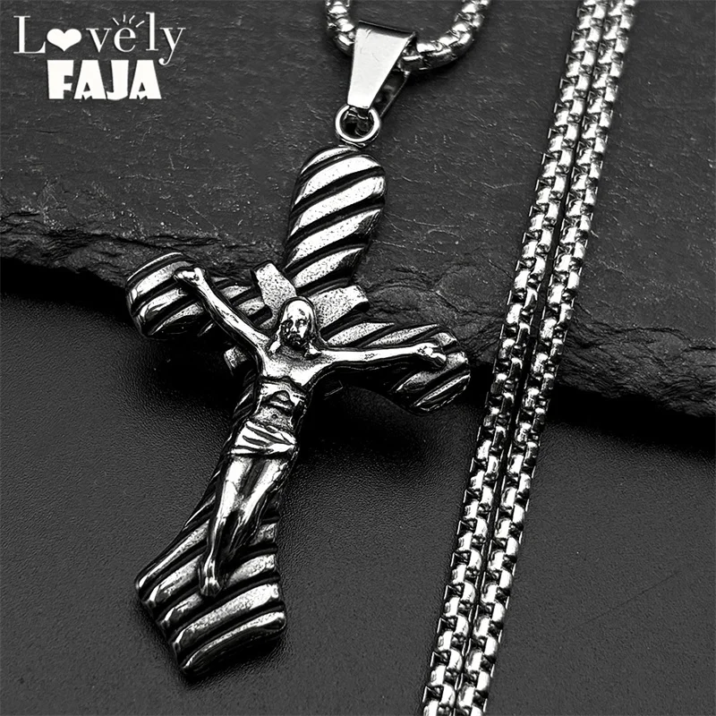 

Christian Jesus Crucifix Cross Pendant Necklace for Women Men Stainless Steel Silver Color Chain Vintage Amulet Jewelry Gift