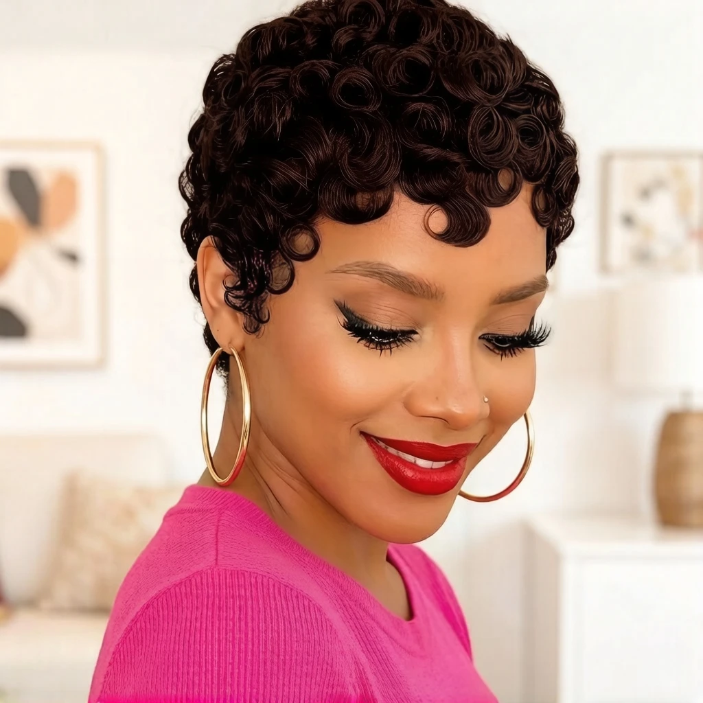 

Human Hair Short Wave Wig, Retro Pixie Cut Full machine made wig Wig for Women, Natural Black Short Curly Human Hair Wig