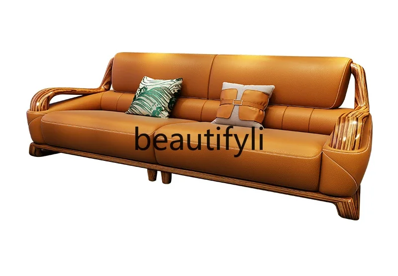 New Chinese solid wood first layer extra thick cowhide large ebony Nordic leather living room sofa