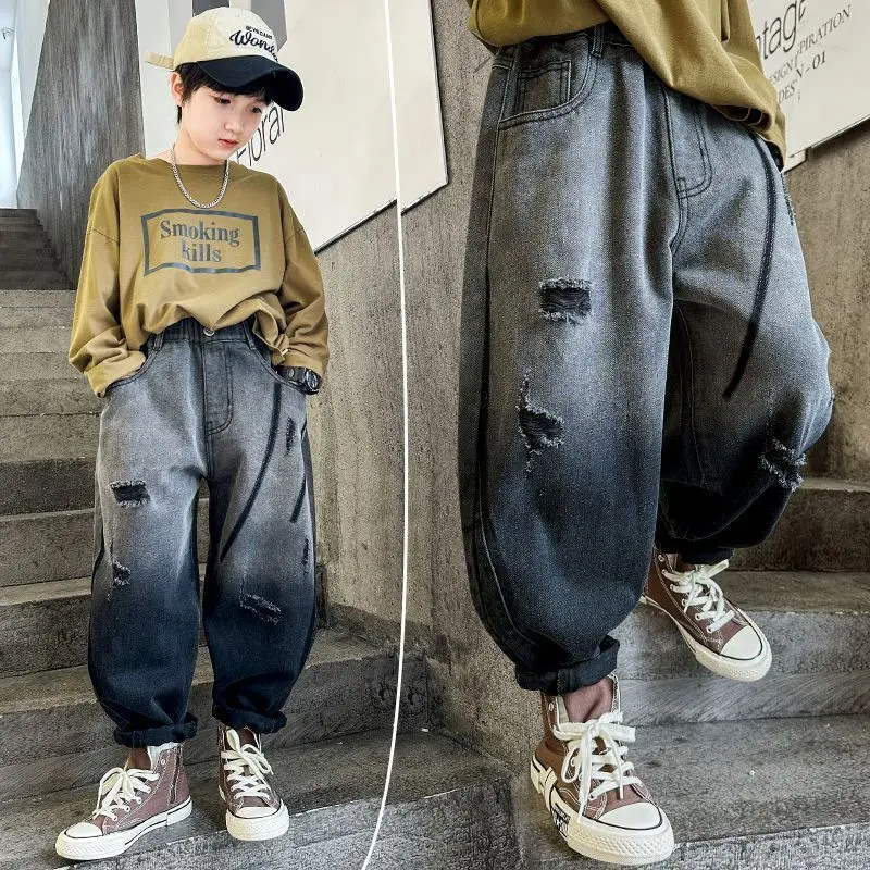 Boys' Spring Autumn Denim Pants 2024 New Children's Jeans Mid Large Child Loose Hole Gradual Color Long Cowboy Trousers