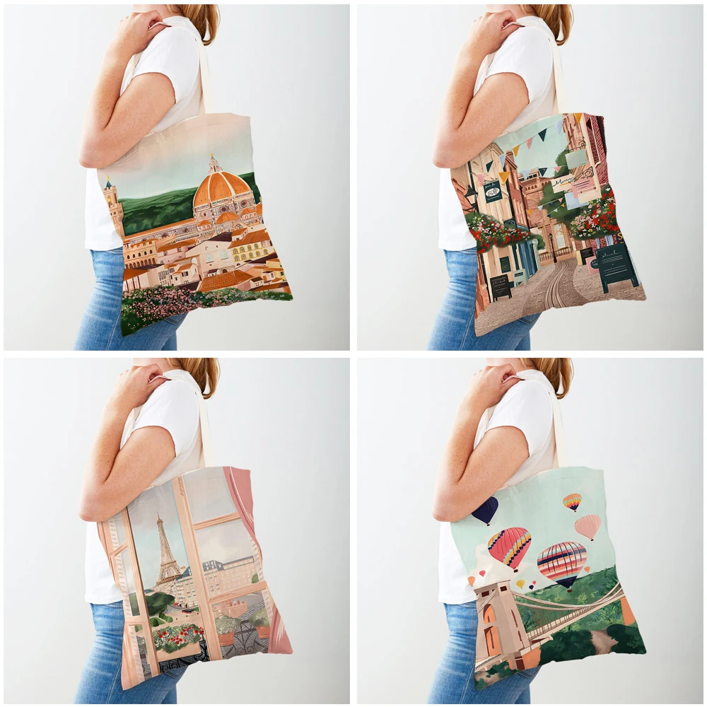 Travel to City Shopper Bag Tote Lady Handbag Barcelona Lincoln Florence Paris New York Casual Canvas Women Shopping Bags