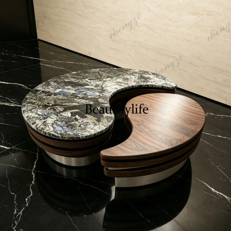 F181 Light luxury-style round North American black walnut tea table villa large flat white ash marble