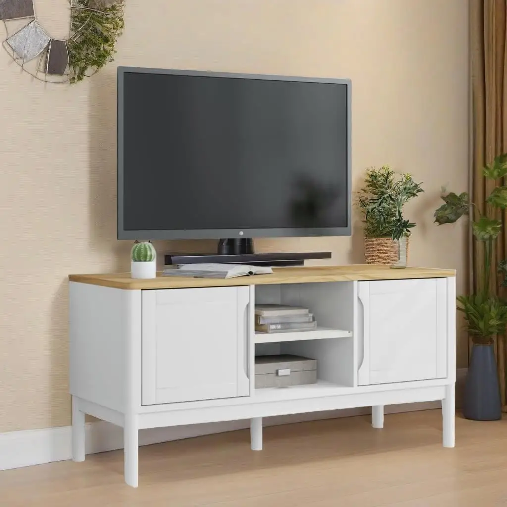 FLORO White TV Stand 44.9''x16.9'' Solid Pine Wood Furniture - Stylish Storage Solution