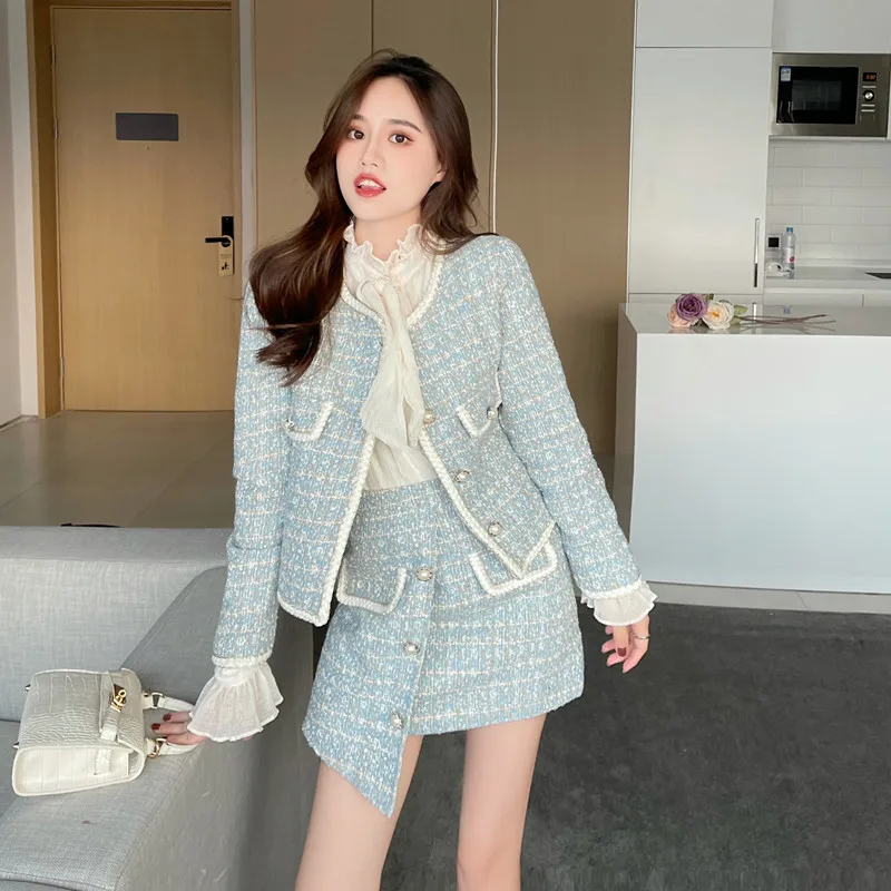 Autumn 2 Pieces Set Elegant Fashion Vintage Plaid Tweed Long Sleeve Jackets Coat + Irregular A-Line Mini Skirts Suit