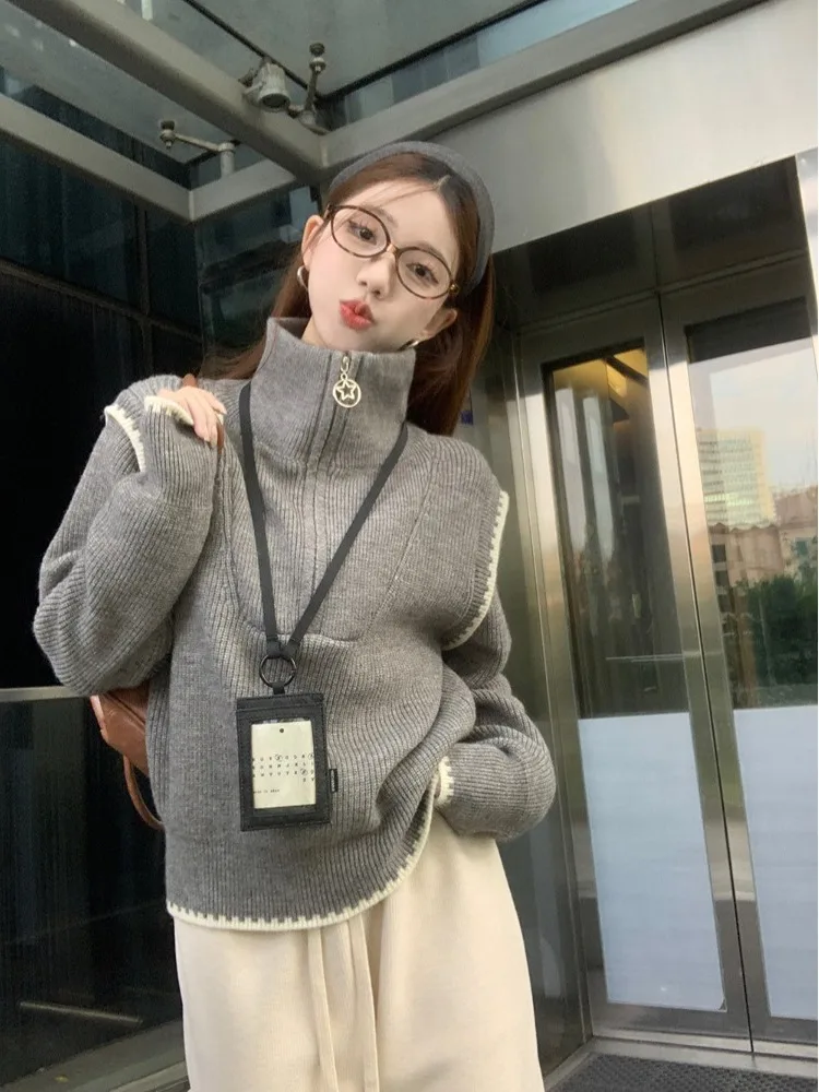 

Женский свитер с высоким воротником на молнии, весенне-осенний, свободного кроя, в стиле кэжуал, с дизайнерскими вставками, вязаный, для повседневной носки