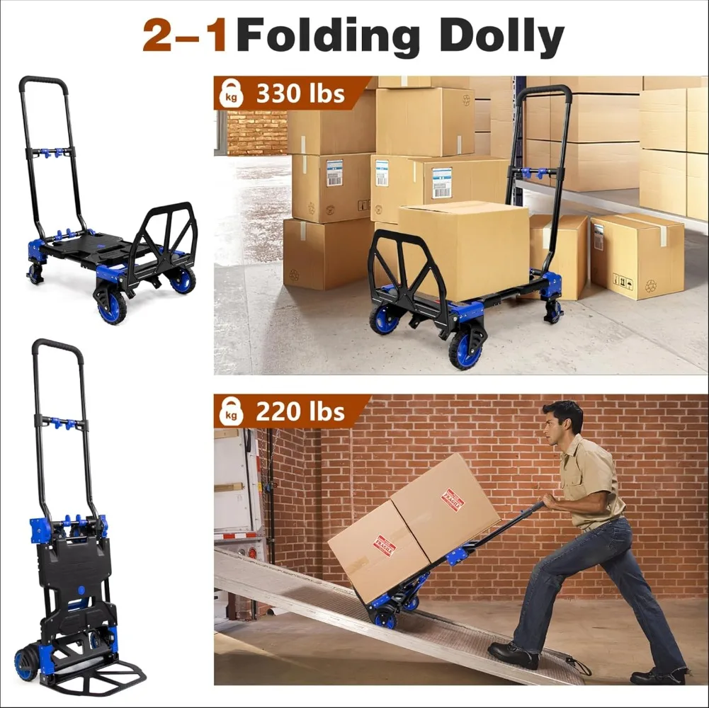 2-1 Folding Hand Truck Dolly,330LBS Capacity ,with Retractable Handle and 4 Rubber Wheels,for Luggage/Travel/Office/Moving