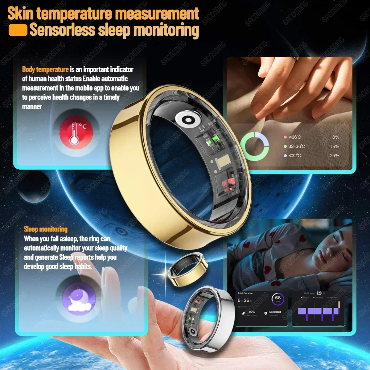 2025 Bluetootch Smart Ring Gezondheid Tracker Bloed Zuurstof Hartslag Intelligente Vinger Waterdichte Ring Roestvrij Staal Voor Mannen Vrouwen