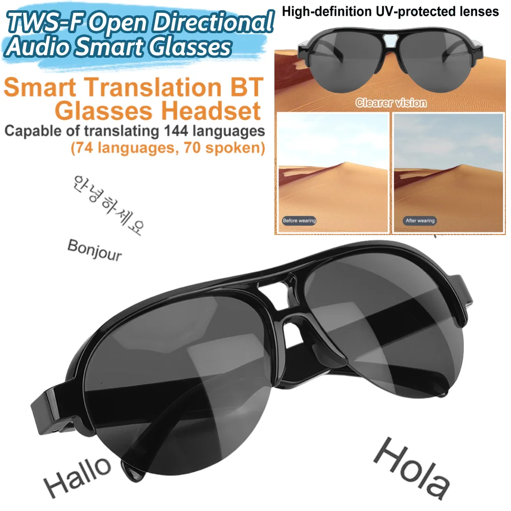 144 Languages Smart Glasses Translator Bluetooth-Compatible 5.3 Translation Glasses Smart Sunglasses Glasses for iOS/ Android