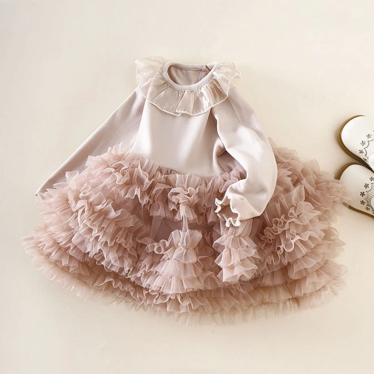 Sweet Girls Tiered Dress Spring Autumn Long Sleeve Ruffles Collar Tulle Puffy Dress Soft Comfortable Toddler Girls Dress