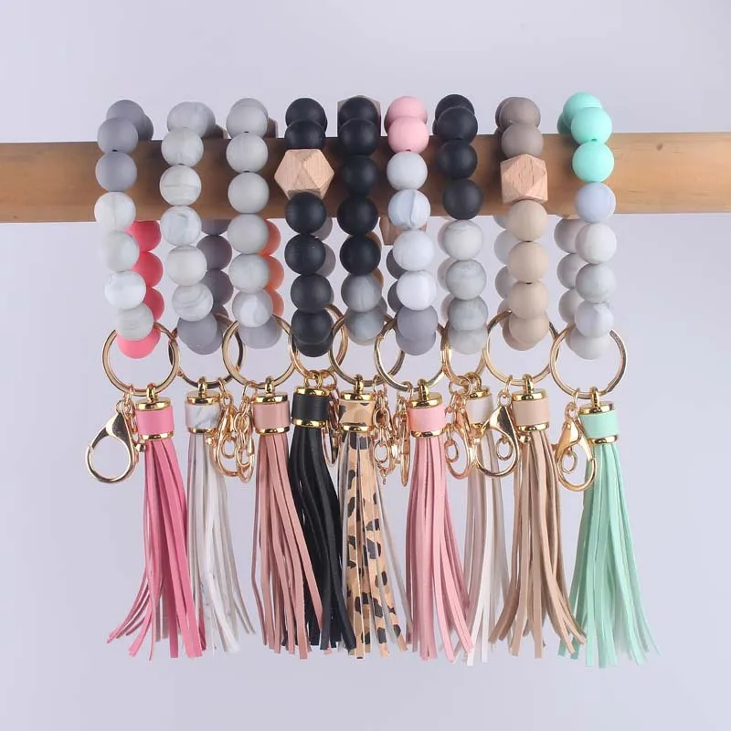 

Marble Patterned Silicone Bead Tassel PU Leather wristlet Keychain For Bag