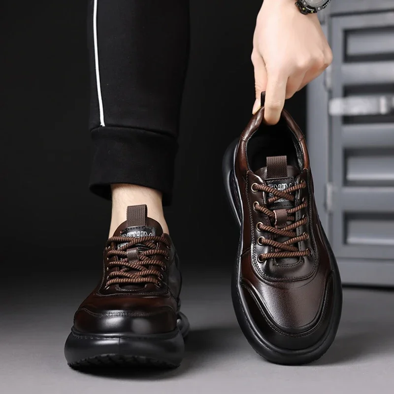Fashion Luxury Genuine Leather Sneakers for Men Spring Autumn Soft-soled Men\'s Platform Shoes Designer Increase Sport Shoes Male