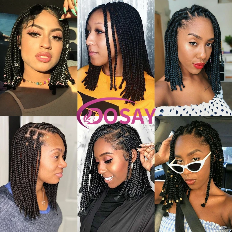 Dreadlock Wig kepang Bob pendek 10 inci renda penuh depan kotak sintetis Wig kepang dengan rambut bayi tanpa simpul Wig kepang kepang Cornrow