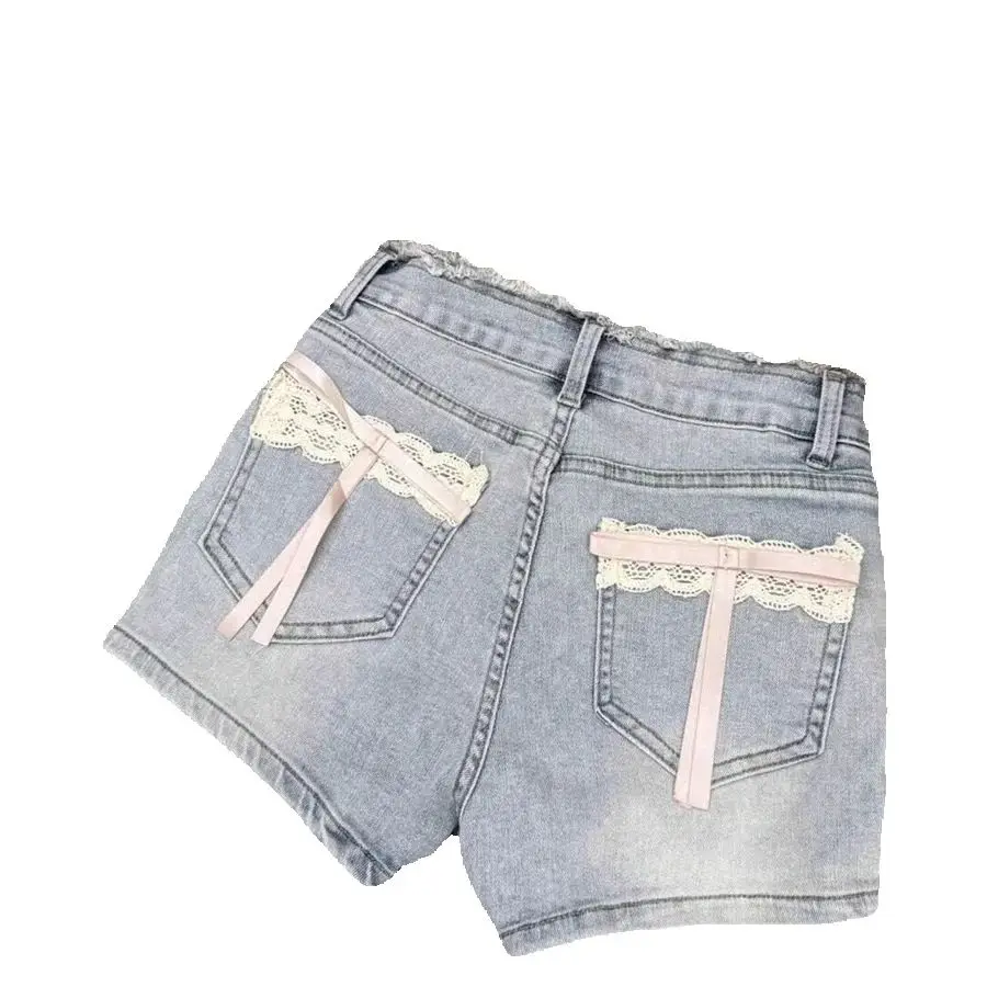 Pure Lace Bow Denim Shorts Women Summer New High-Waisted Slim Niche Design Hot Girl Shorts