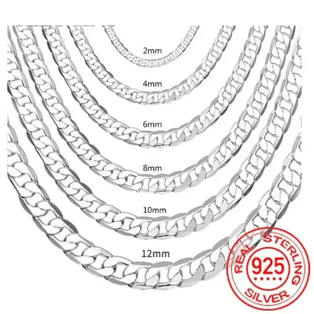 Hurtownia 925 srebrny naszyjnik 2-12MM szerokość 40-75cm długi łańcuszek zapięcie karabińczyk mężczyźni i kobiety biżuteria zaręczynowa