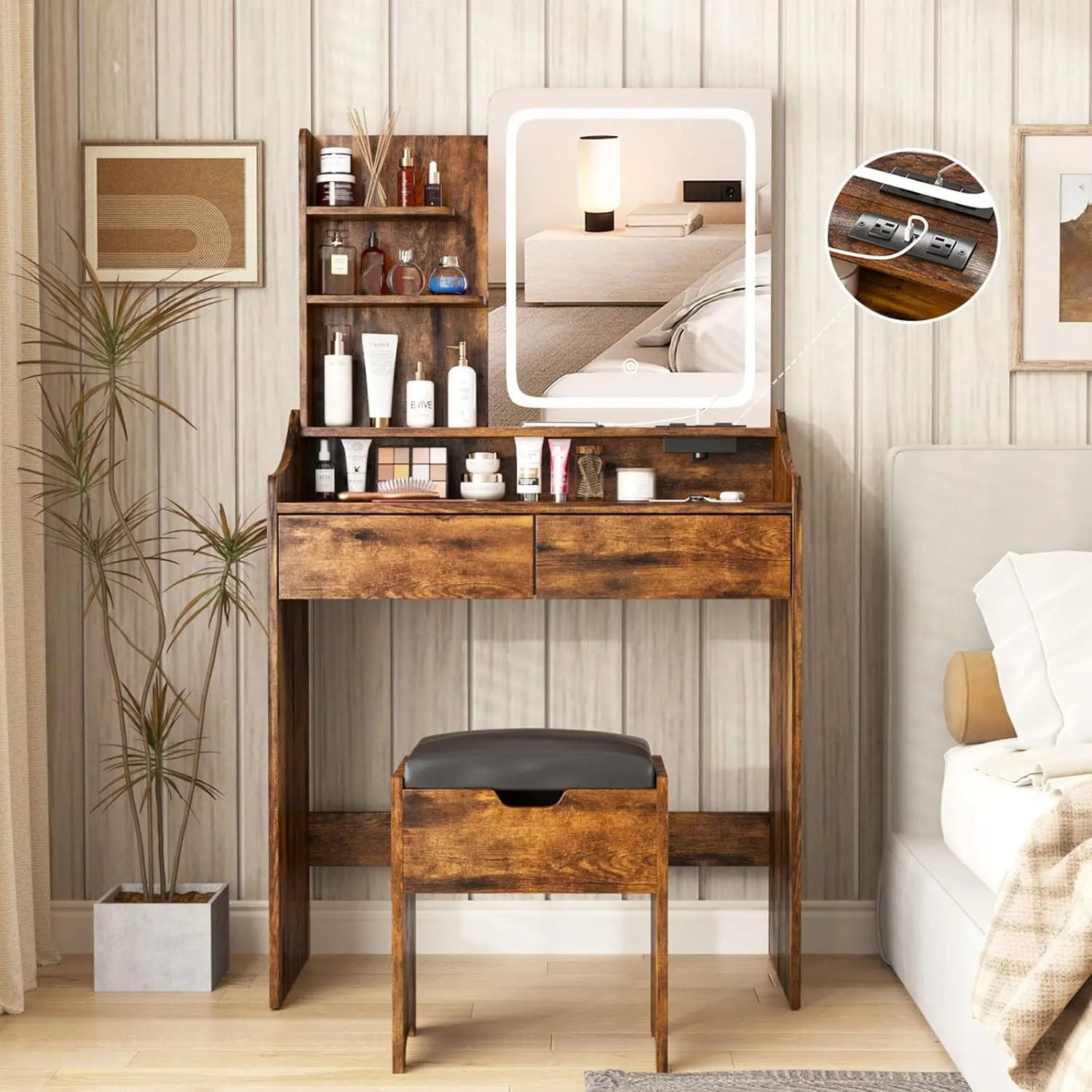 

with LED Light Mirror and Charging Station 30.3in, Small Vanity Set with Vanity for Girls Women with Storage Stool