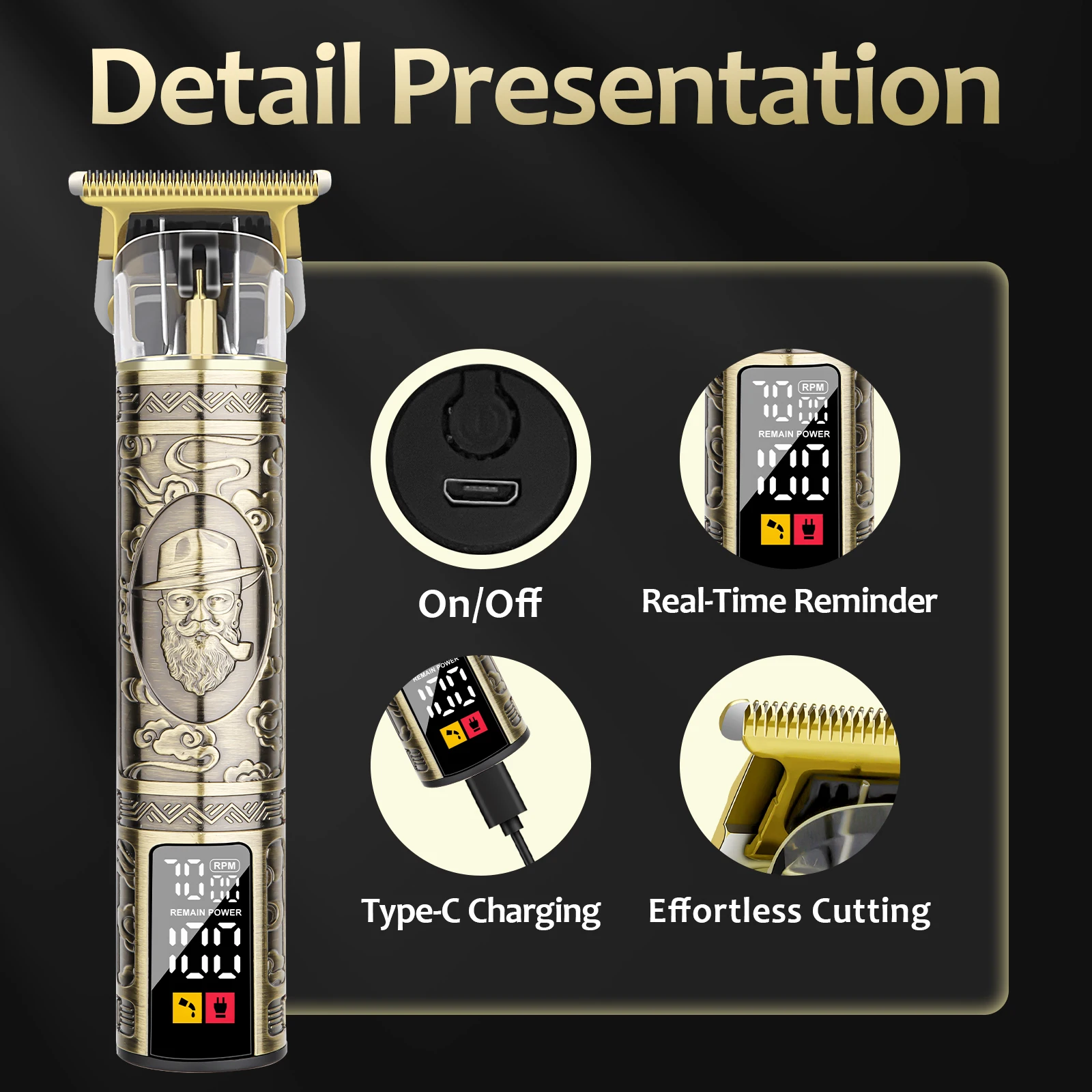 Retro Hair Trimmer For Men LCD Digital Display USB Rechargeable Barber Hair Clipper Beard Shaver With Limit Combs Haircut Kit